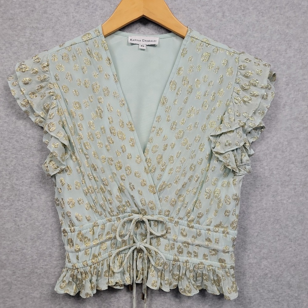 Karina Grimaldi Gold Sparkle Pastel Green Crop Top Ruffles V-Neck Festival Sz XS